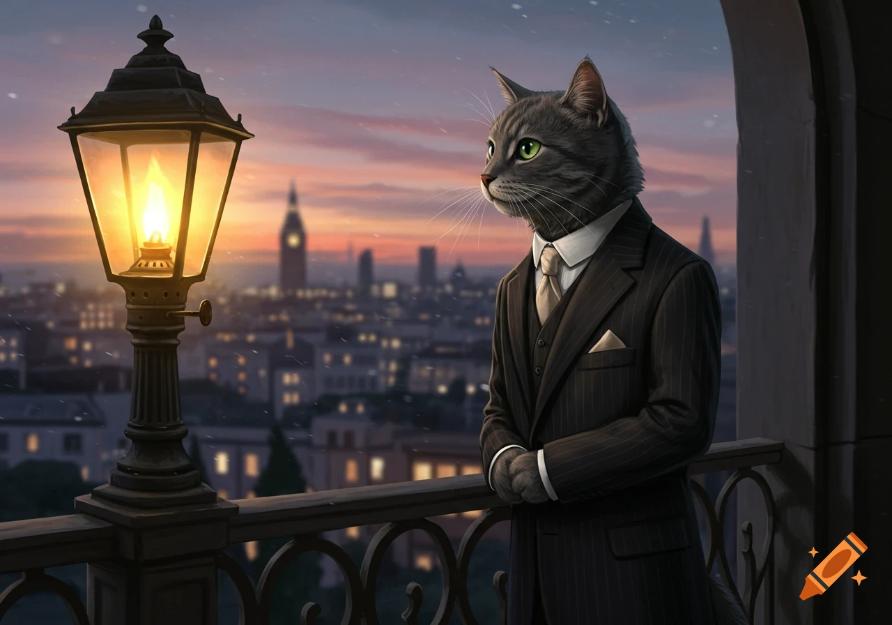 A sophisticated gray cat in a pinstripe suit and tie stands on a balcony at dusk, gazing over a city skyline with a clock tower.