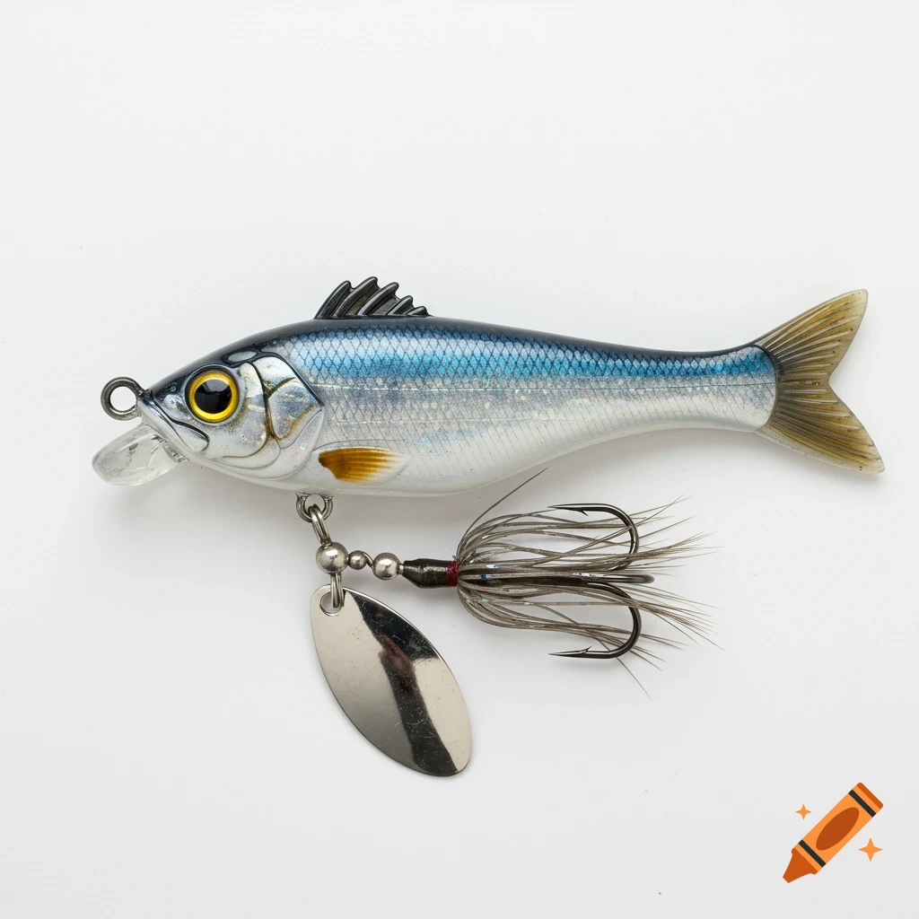 A photorealistic fishing lure resembling a fish with a blue top, silver sides, white belly, a spinner blade, and a treble hook on a white background.