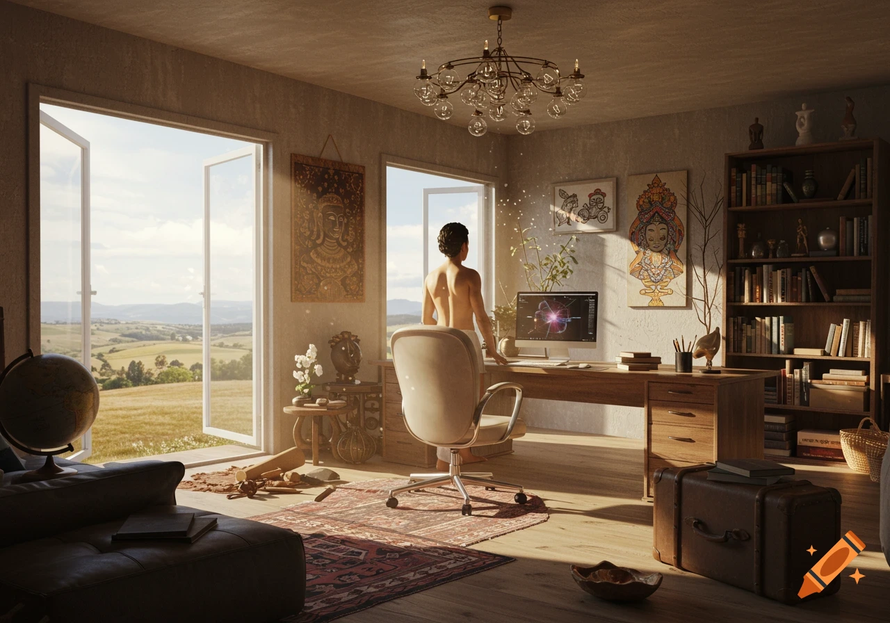A sunlit home office with a person looking out large open windows at a rolling green landscape, featuring a wooden desk, bookshelf, and traditional rugs.