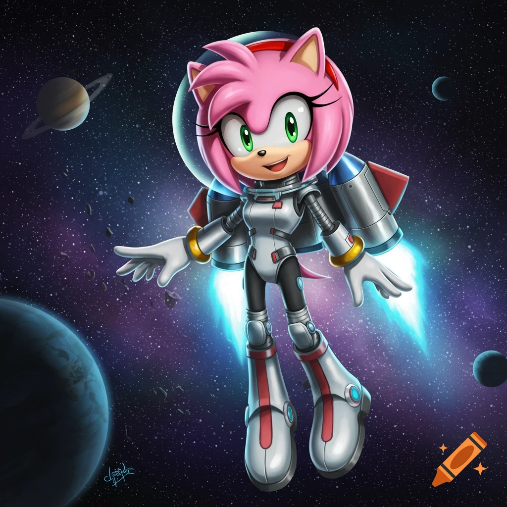 Cartoon illustration of Amy Rose from Sonic the Hedgehog flying in a space suit with a jetpack in outer space among planets and stars.