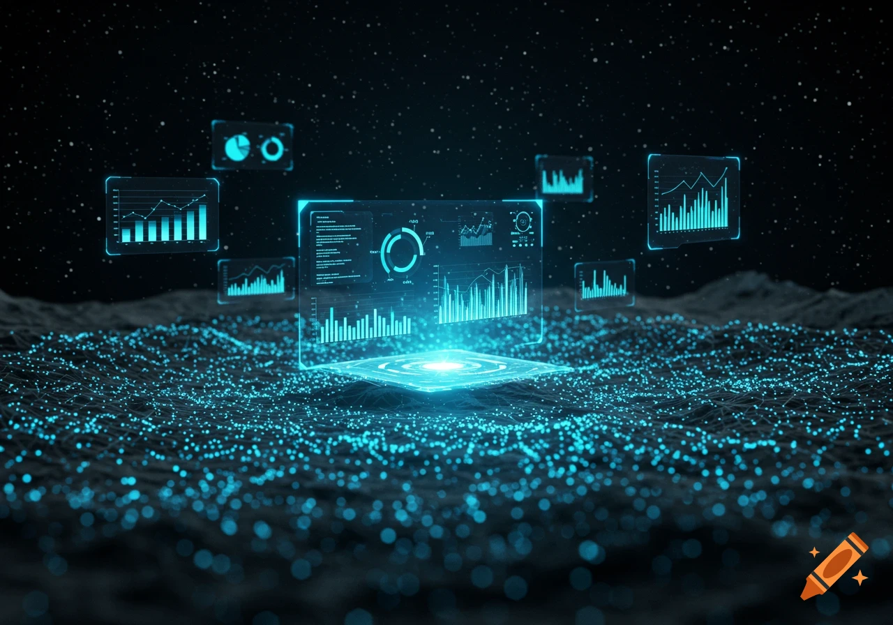 Futuristic holographic interface displays data charts and graphs over a glowing, networked digital landscape.