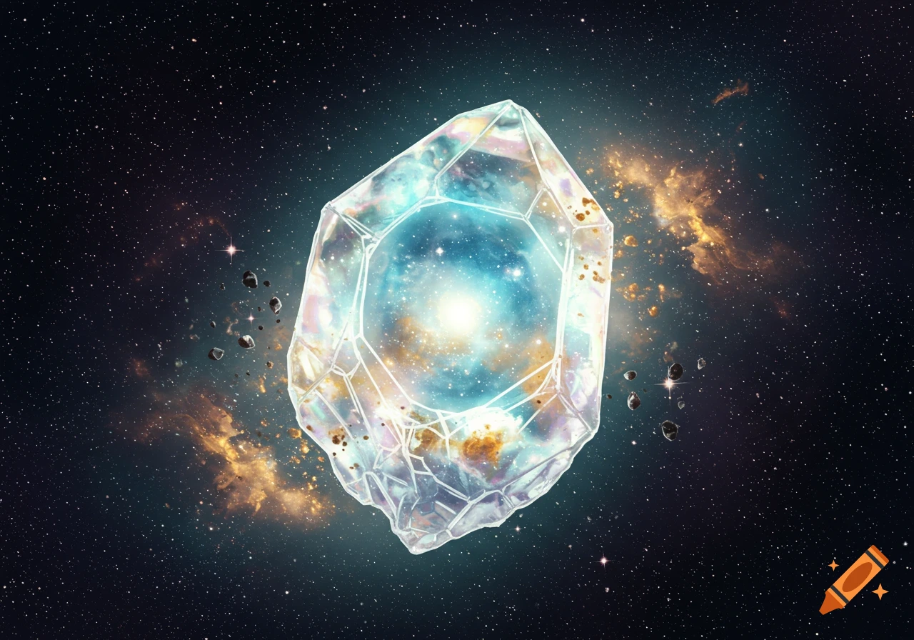 A shimmering crystal with a blue and gold nebula inside, floating in deep space with asteroids.