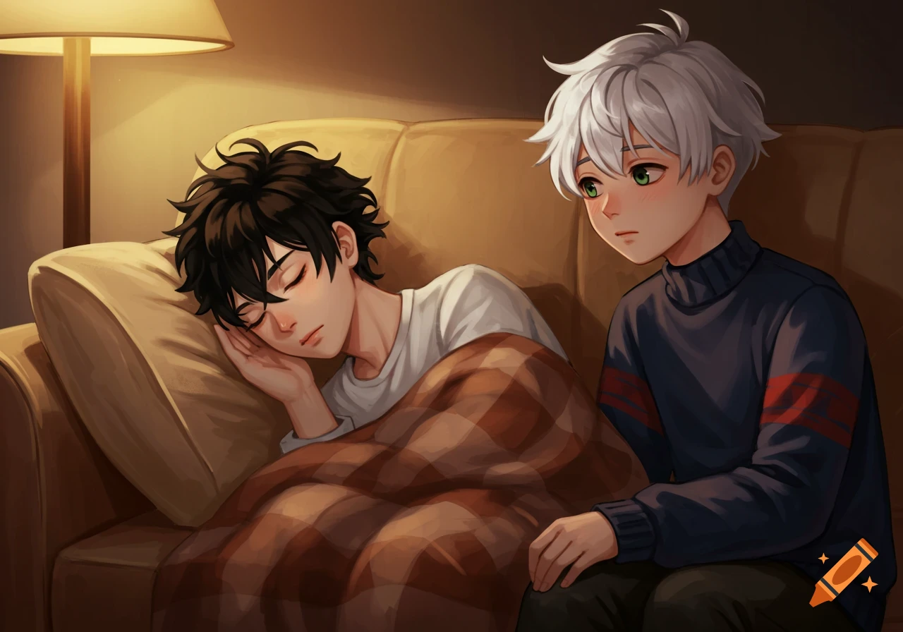 Anime illustration of a dark-haired boy sleeping on a couch with a white-haired boy watching him under warm lamplight.