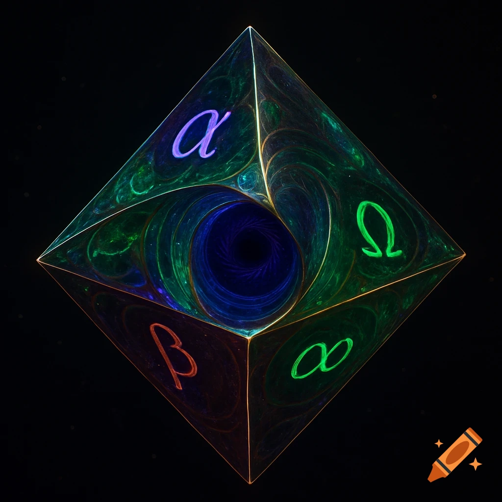 An abstract 4D fractal octahedron with glowing green, purple, and red fractal veins, spiraling into a dark blue central core. Greek symbols alpha, beta, omega, and an infinity symbol glow on its faces.