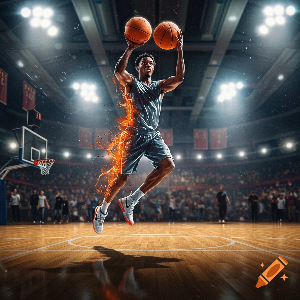 An energetic basketball player in mid-air holding two basketballs, with a fiery orange trail, in a brightly lit arena.