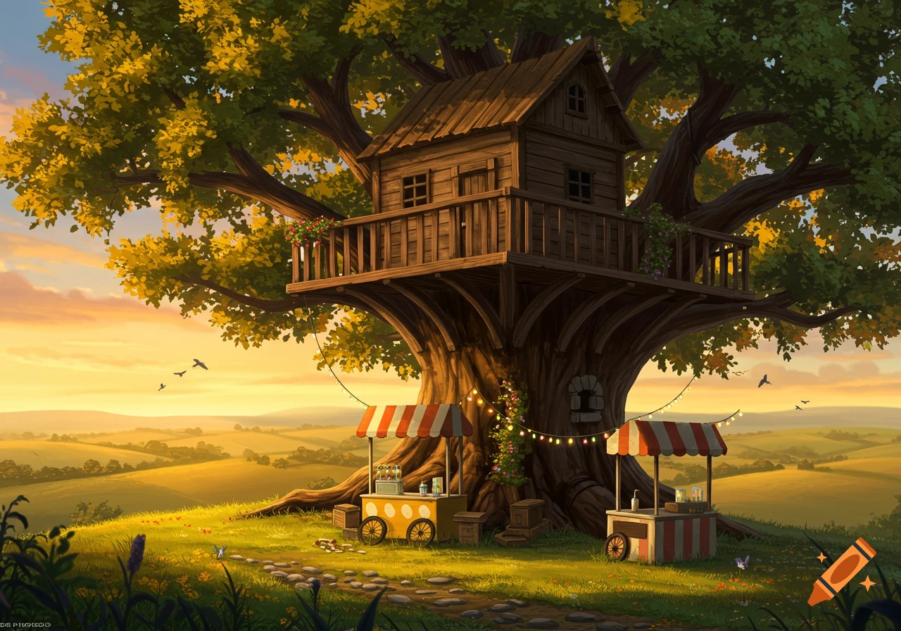 A whimsical treehouse with a balcony nestled in a large tree, overlooking a rolling green landscape at sunset, with two lemonade stands below.