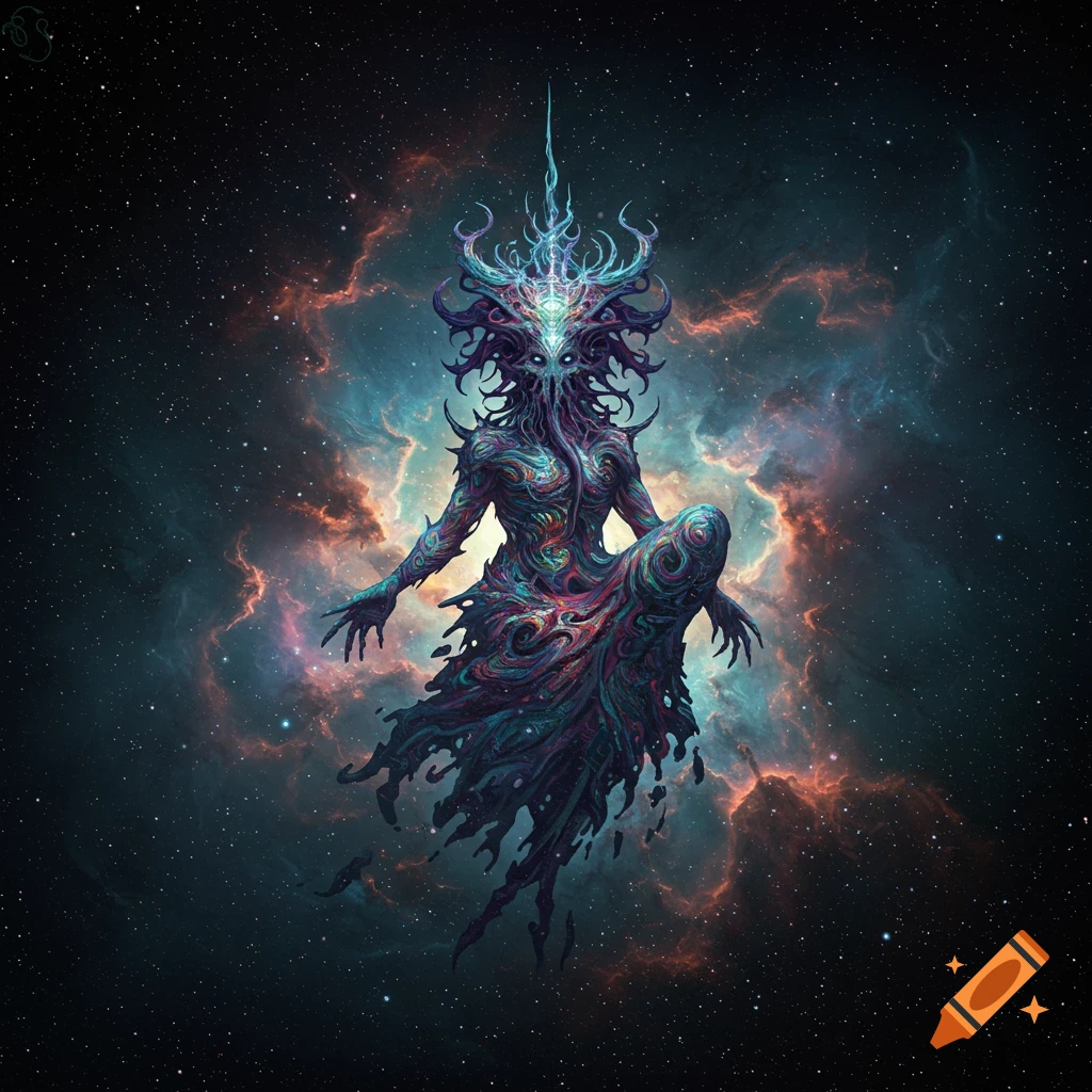 A detailed cosmic entity with flowing, colorful patterns floats in a star-filled void with nebulae.