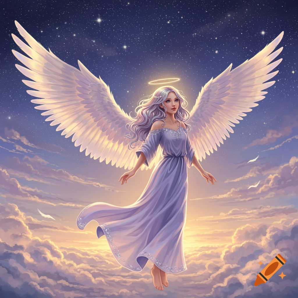 Anime-style angel with white wings and a light purple dress floating in a starry sky above clouds at sunset.