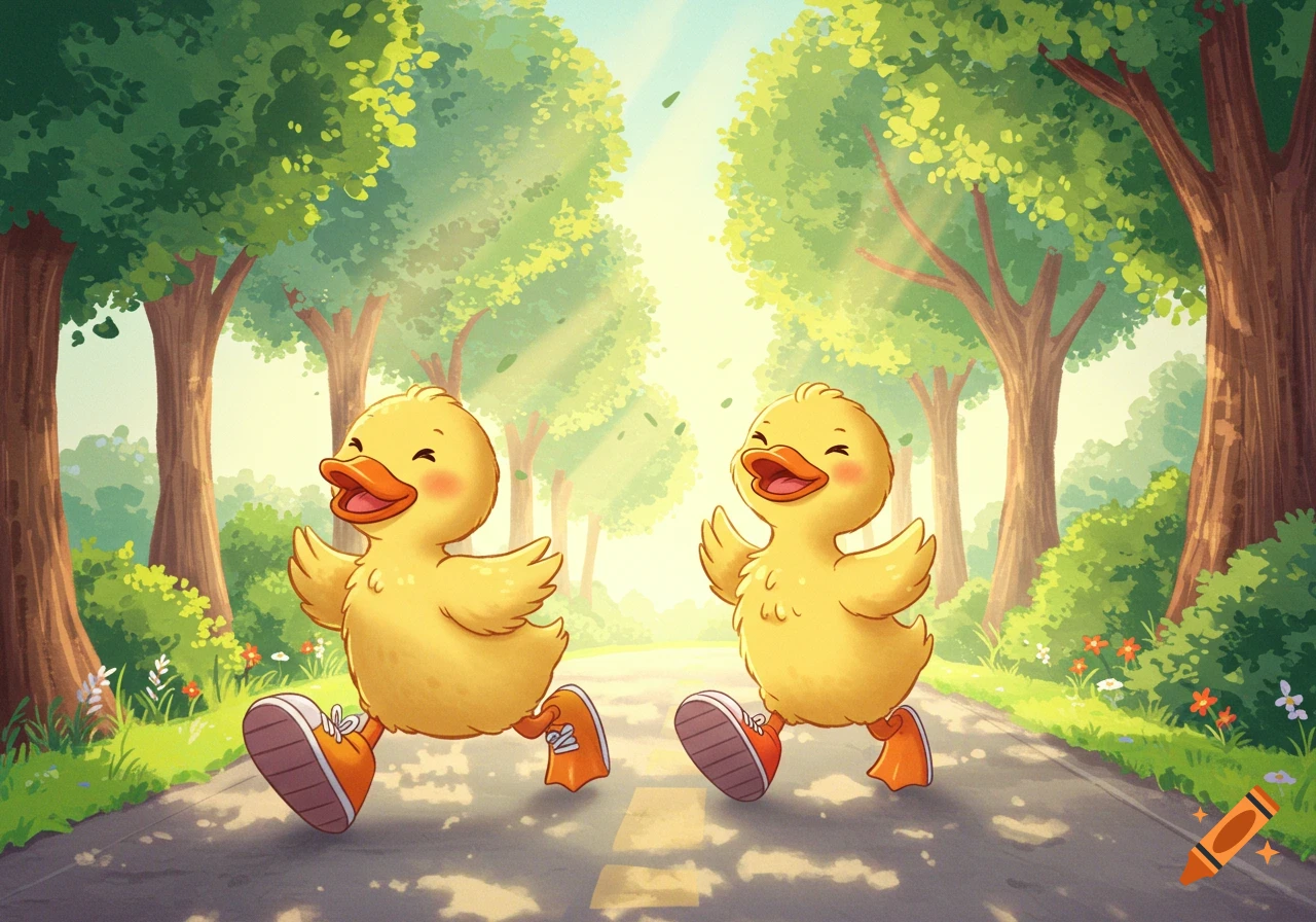 Two happy cartoon ducks in orange sneakers run down a sunny tree-lined road.