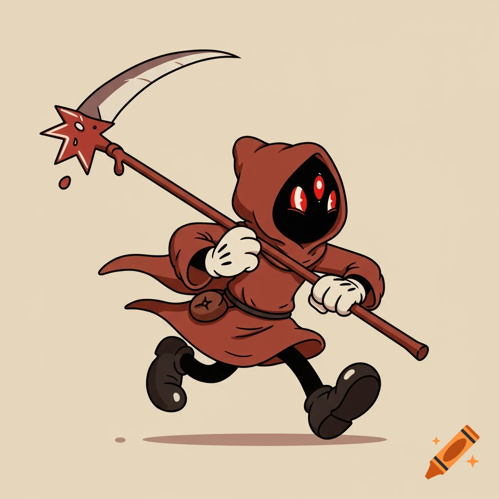 A cartoon character in 1930s rubber-hose animation style, wearing a red hooded robe with white gloves and black shoes, running while holding a scythe with a red star and dripping liquid.