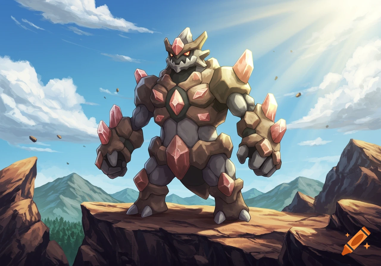 A large, armored rock-like creature with red crystals stands on a cliff overlooking a mountain valley under a bright sky.
