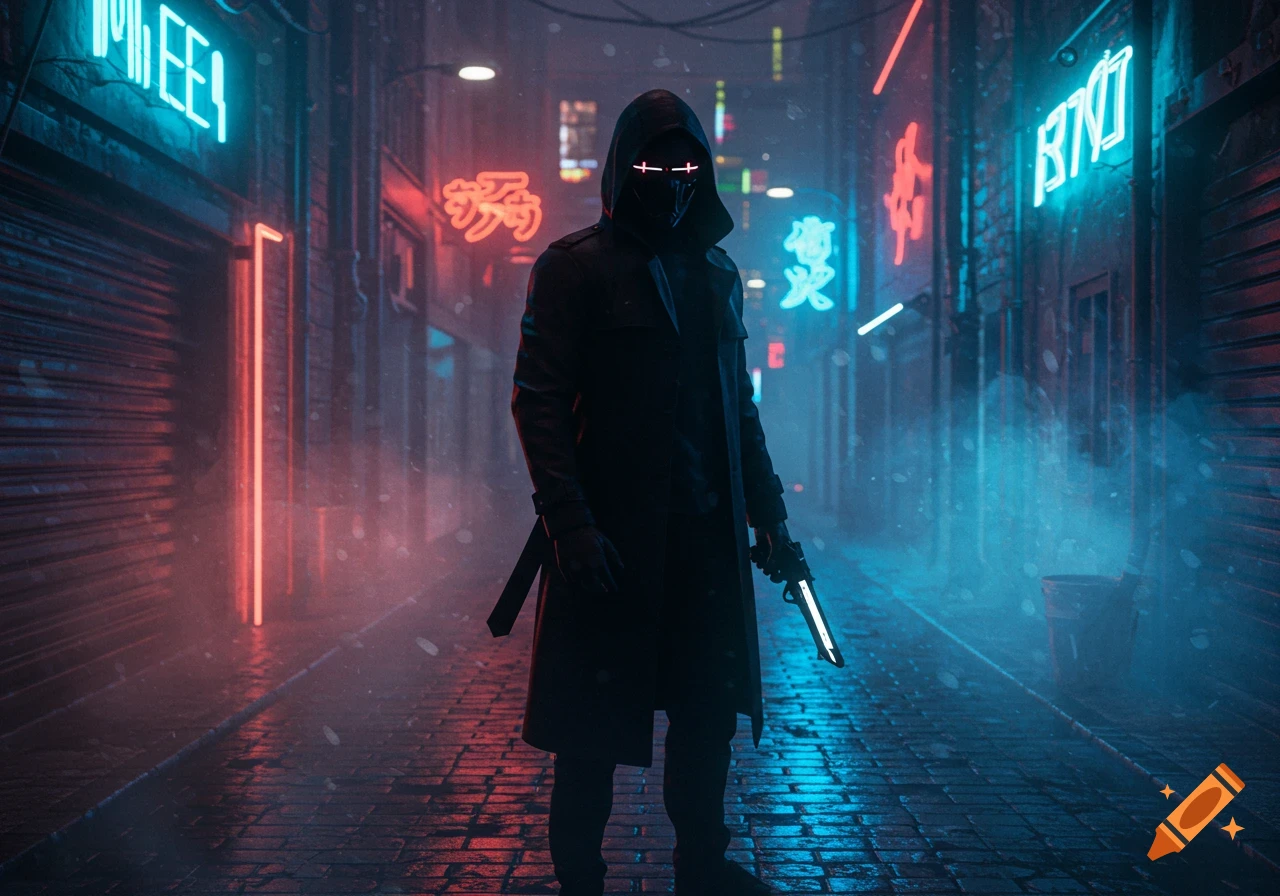 A mysterious cloaked figure with glowing red eyes stands in a dark, neon-lit cyberpunk alley holding a glowing knife.