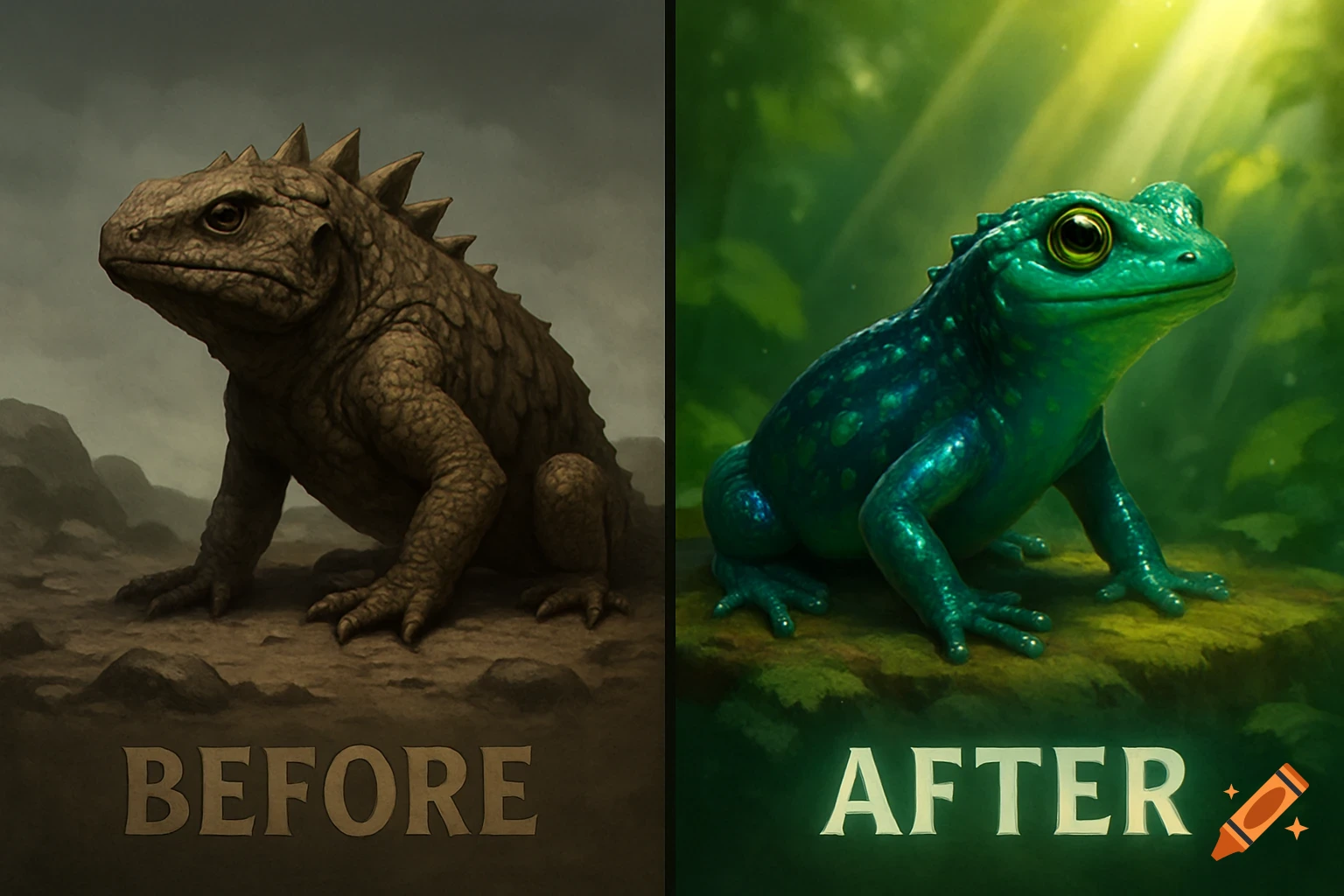 A fantasy split image showing a brown, scaly lizard-like creature on the left and a vibrant green, moist frog-like creature on the right, with 'BEFORE' and 'AFTER' text.