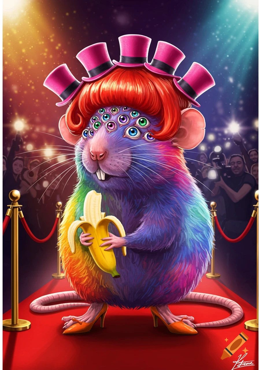 A vibrant rainbow rat with many eyes, red wig, pink top hats, and orange high heels, holding a banana on a red carpet.