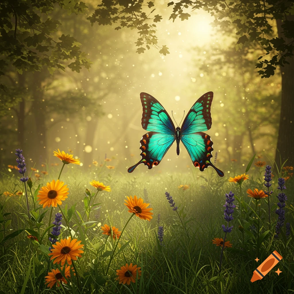A vibrant blue butterfly with black and orange markings flies through a sunlit forest clearing filled with green grass and orange and purple wildflowers, with glowing particles in the air.