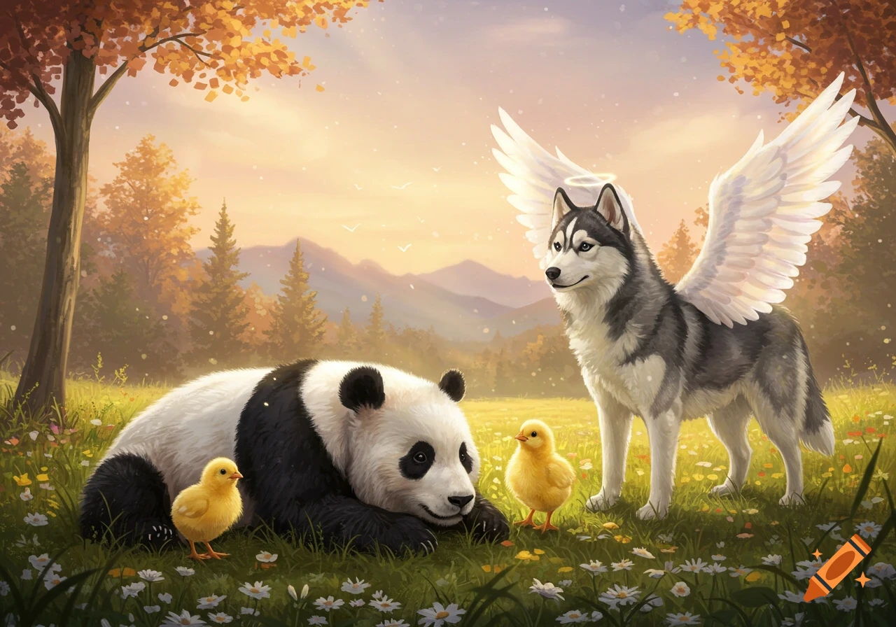 An illustrated panda rests with two chicks in a flower-filled meadow, while a husky angel stands nearby, against an autumn mountain landscape.