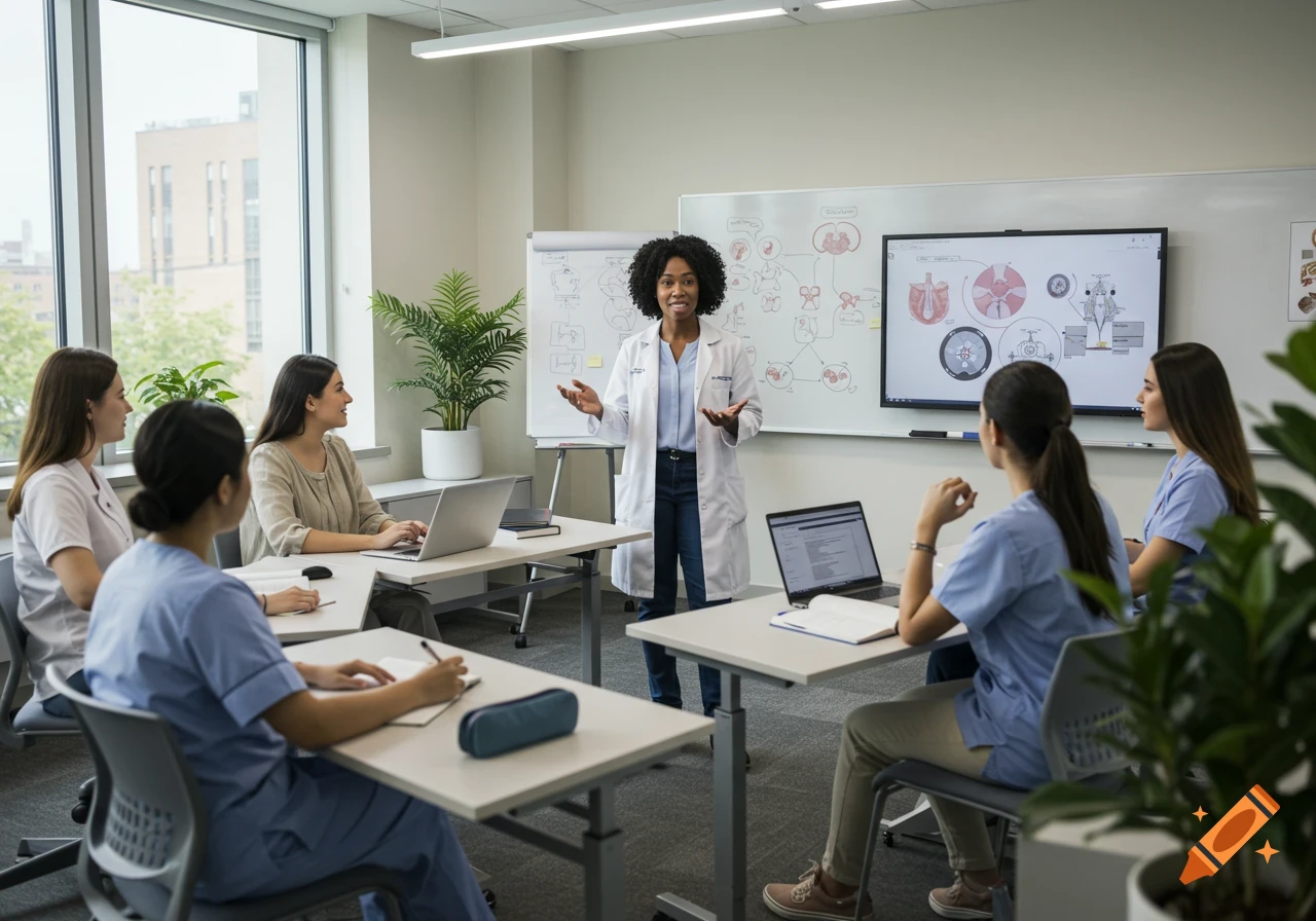 A black female nurse educator stands in a classroom, gesturing while teaching students. Diagrams are on whiteboards and a screen.
