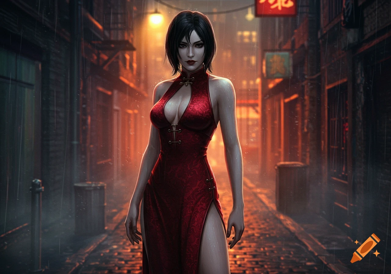A woman in a red, low-cut dress stands in a dark, rainy alleyway illuminated by neon signs.