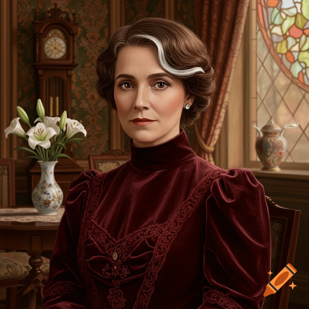 A woman with a white streak in her brown hair wears a red velvet dress in a vintage room with a grandfather clock.