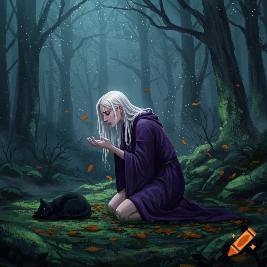A white-haired witch in a purple robe kneels, grieving, by her black familiar in a dark, misty forest with falling leaves. Digital art.