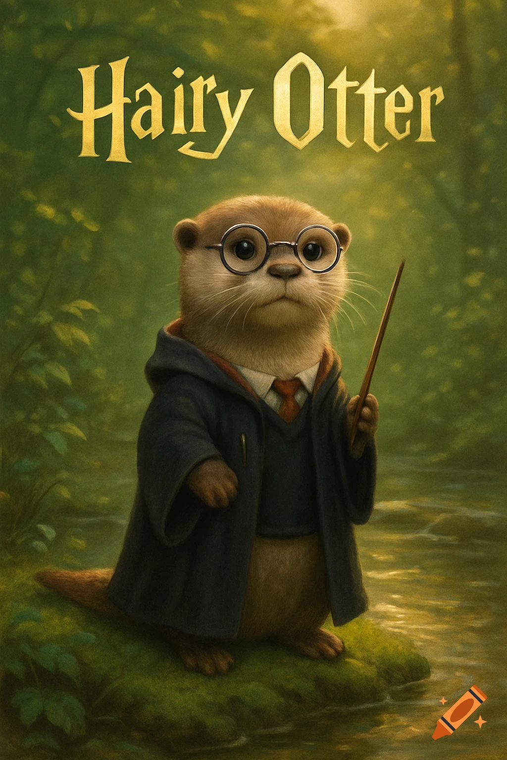 An illustrated cute otter in round glasses and wizard robe holds a wand on a mossy rock in a forest. "Hairy Otter" title.
