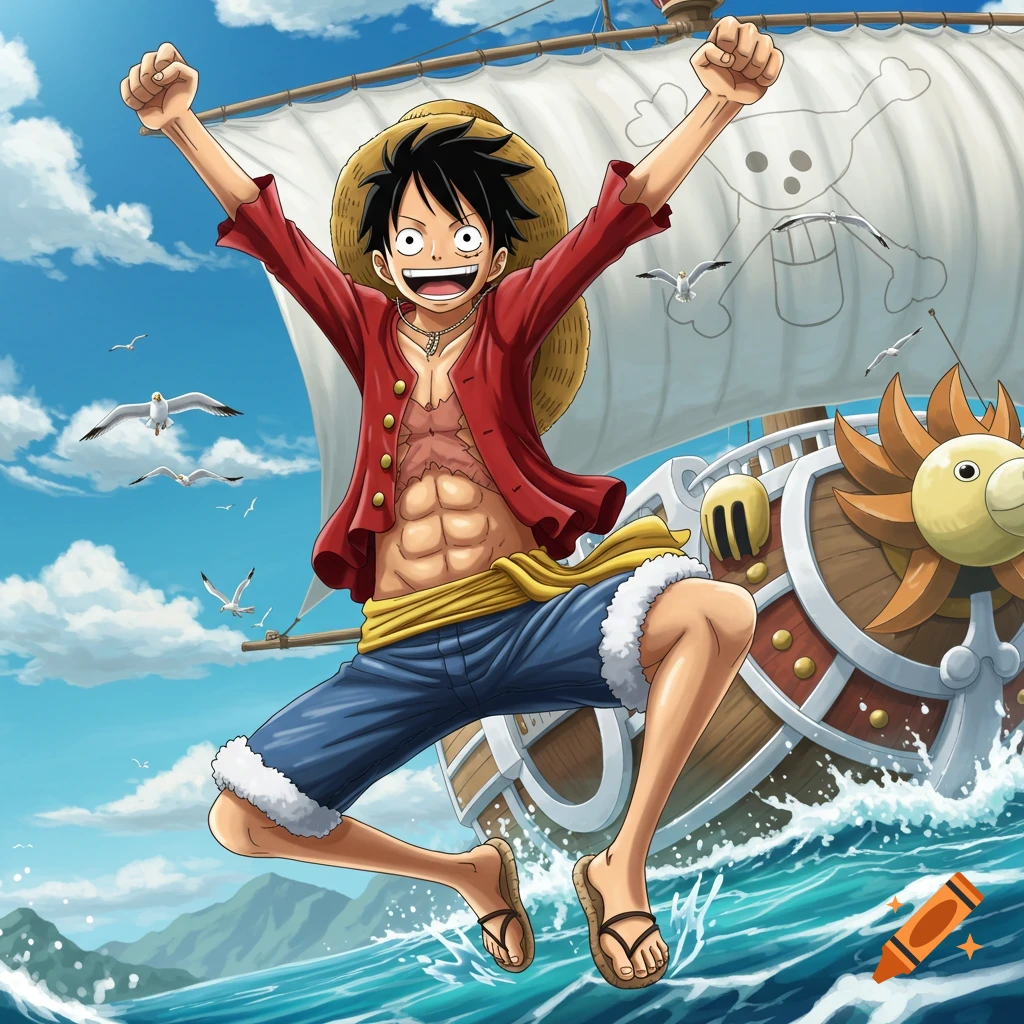 Monkey D. Luffy from One Piece jumps joyfully in front of the Thousand Sunny ship, with seagulls flying in a bright blue sky. Anime style.