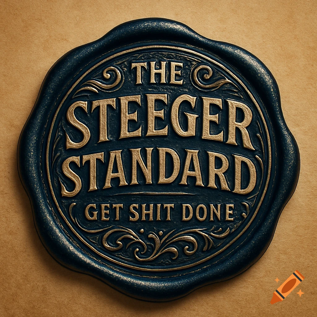 A dark blue-green wax seal with gold embossed text that reads "THE STEEGER STANDARD GET SHIT DONE" on a textured brown background.