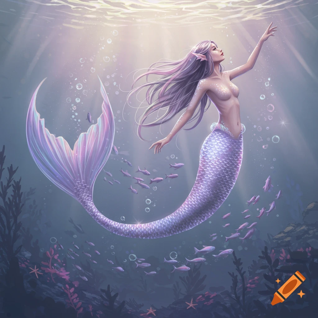 An artistic depiction of a mermaid with long purple hair and an iridescent purple tail, swimming upwards towards the light in a dreamy underwater scene with small fish and sea plants.