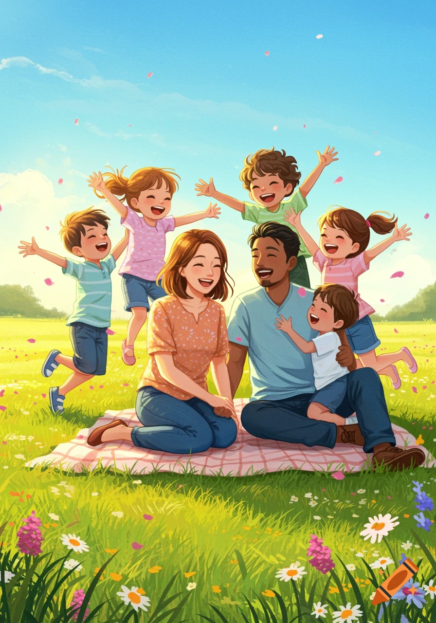 An illustration of a diverse family, parents and five happy children, picnicking on a blanket in a sunny, flower-filled field.