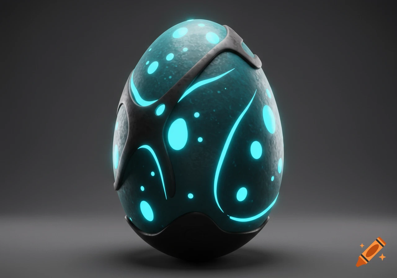 A 3D rendered stylized egg from a fantasy deep sea creature, glowing with blue patterns and a dark band, on a plain grey background.