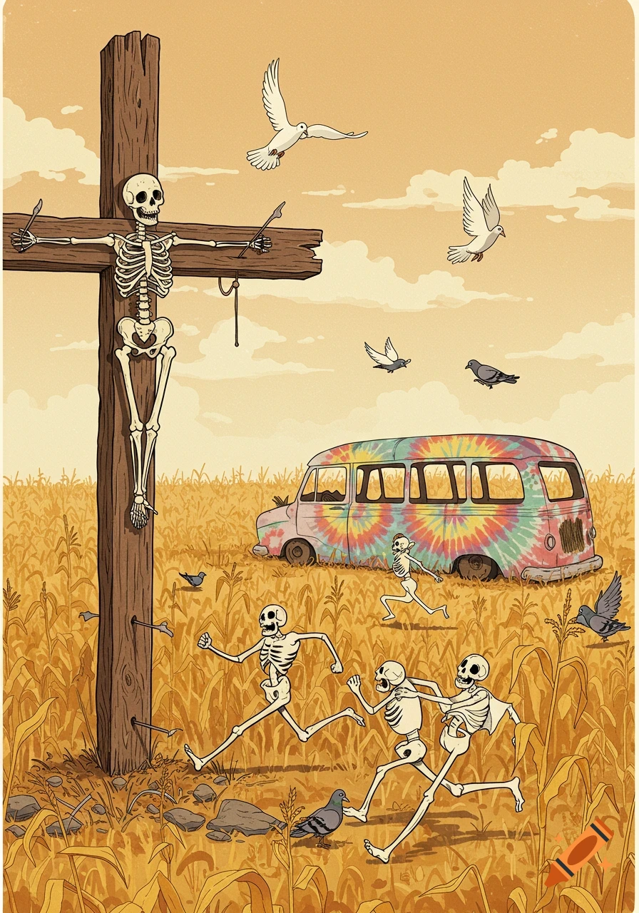 Cartoon illustration of a skeleton crucified on a cross with doves flying above. Skeletons run through a cornfield, near a tie-dye bus.
