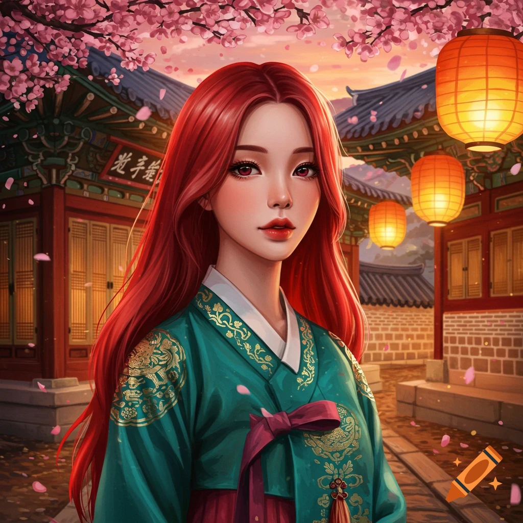 An anime-style portrait of a red-haired woman in a green hanbok, standing in front of traditional Korean buildings with cherry blossoms.