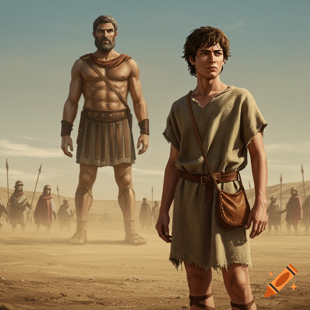 A small boy, David, stands in the foreground, looking up at a giant man, Goliath, in the desert with armies behind them.