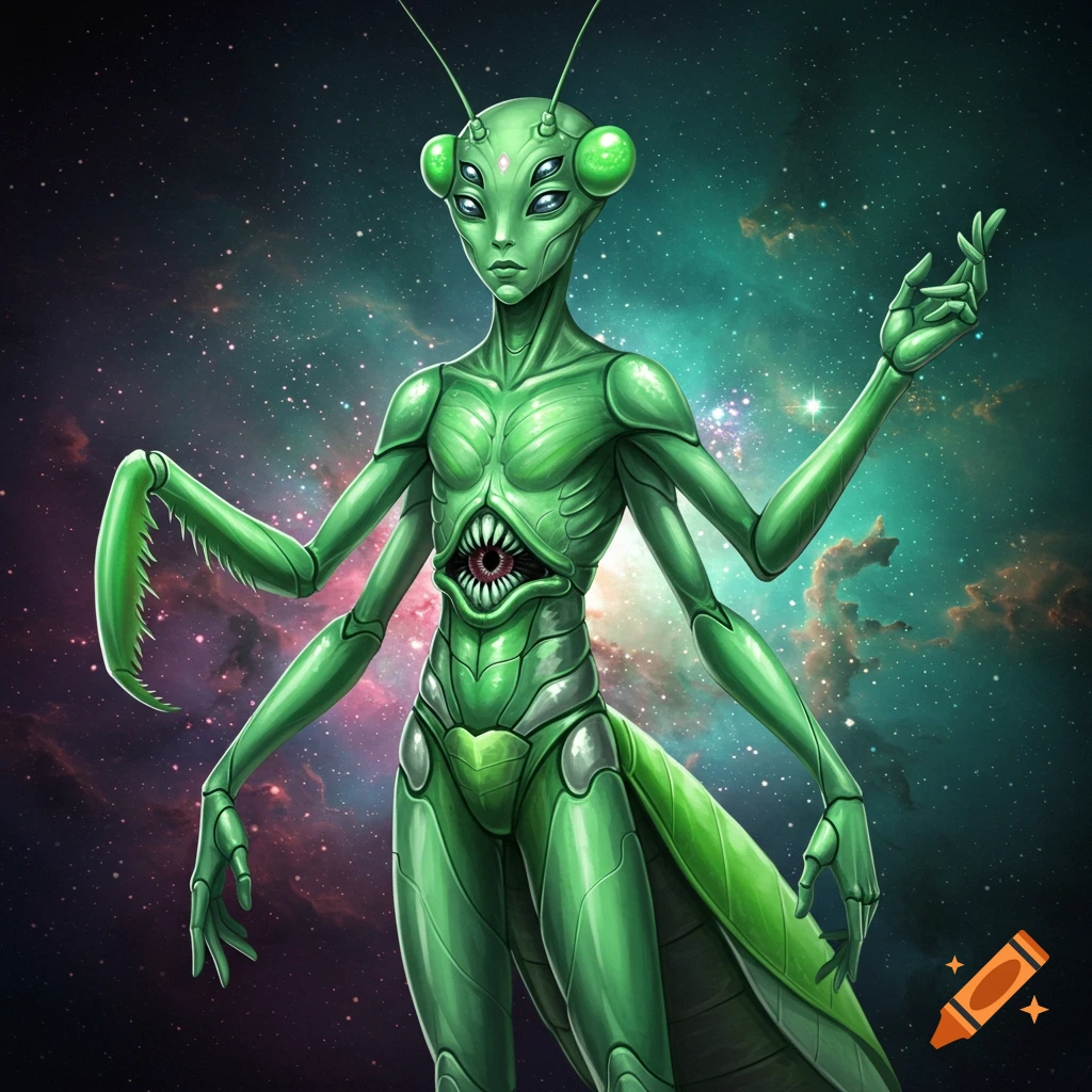 A green, four-eyed mantis-like alien with multiple arms and a mouth in its stomach stands in a star-filled galaxy.