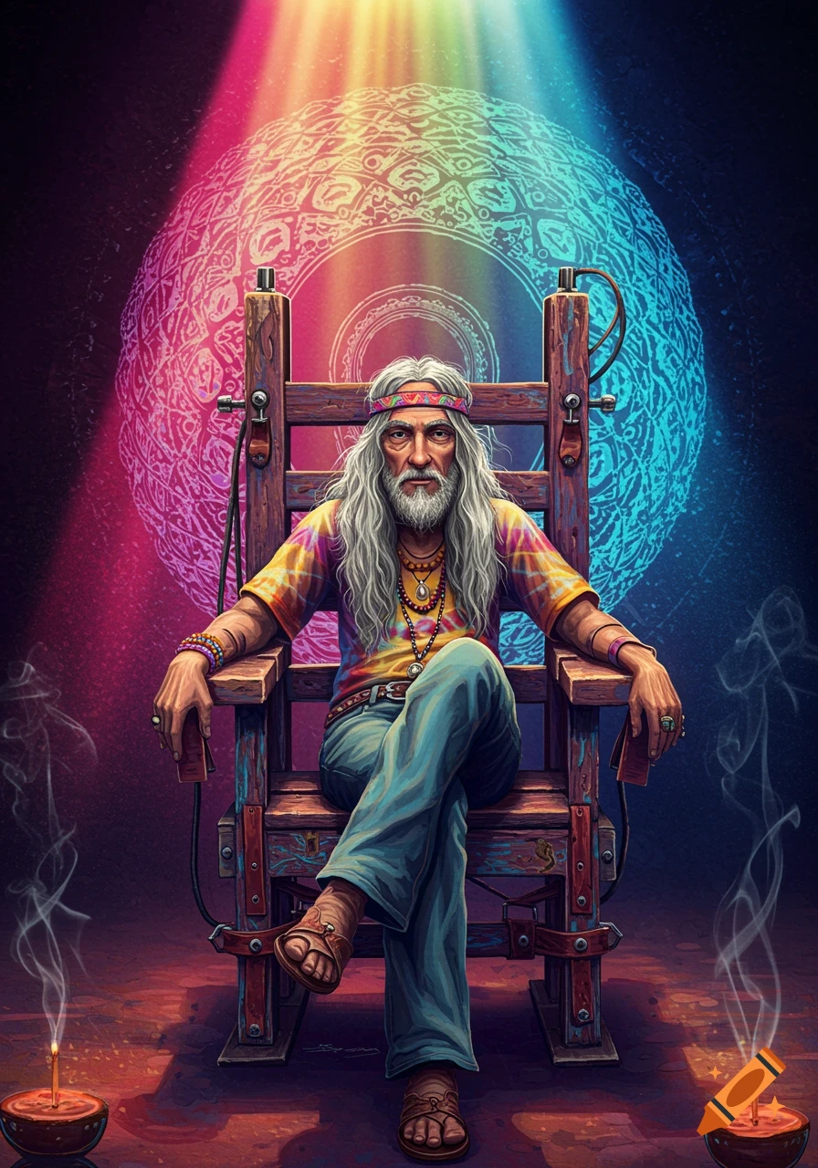 An old hippie with long white hair and a tie-dye shirt sits in an electric chair, bathed in colorful light and psychedelic patterns.