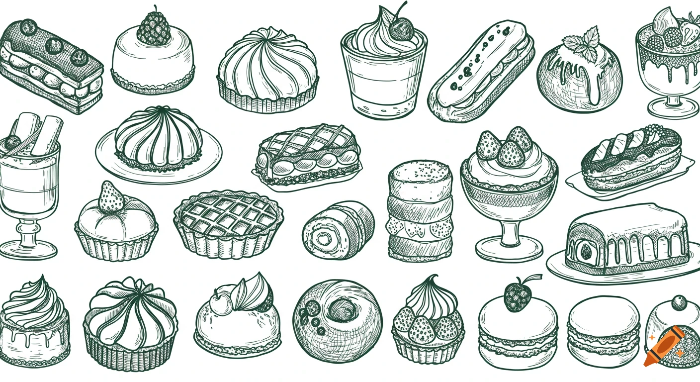 Sketchy dark green line art illustration of various desserts and pastries, including tarts, mousses, eclairs, cakes, and cupcakes.