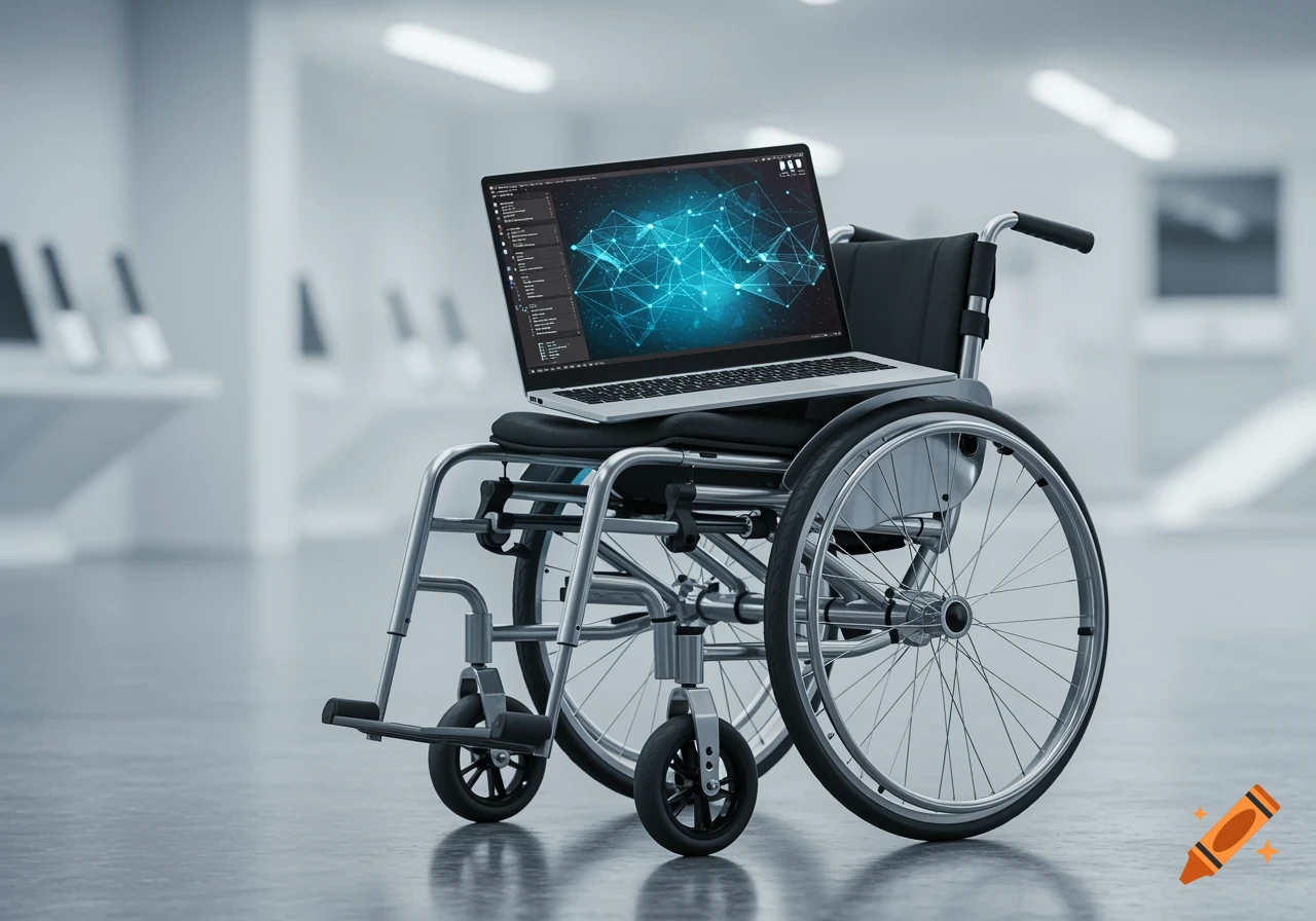 A silver laptop rests on the seat of a chrome wheelchair in a modern, brightly lit room.