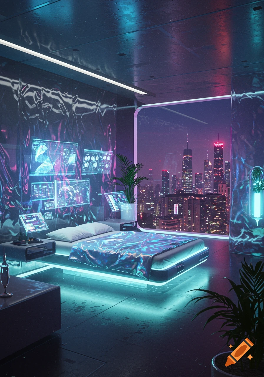 A futuristic sci-fi bedroom with a large window overlooking a neon-lit city skyline at night. The room features glowing furniture and holographic screens.