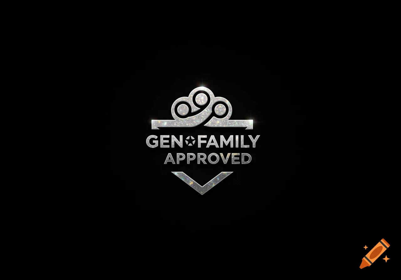 A glittery silver emblem on a black background, featuring a crown-like shape above the text "GEN FAMILY APPROVED" and a V-shaped symbol below.