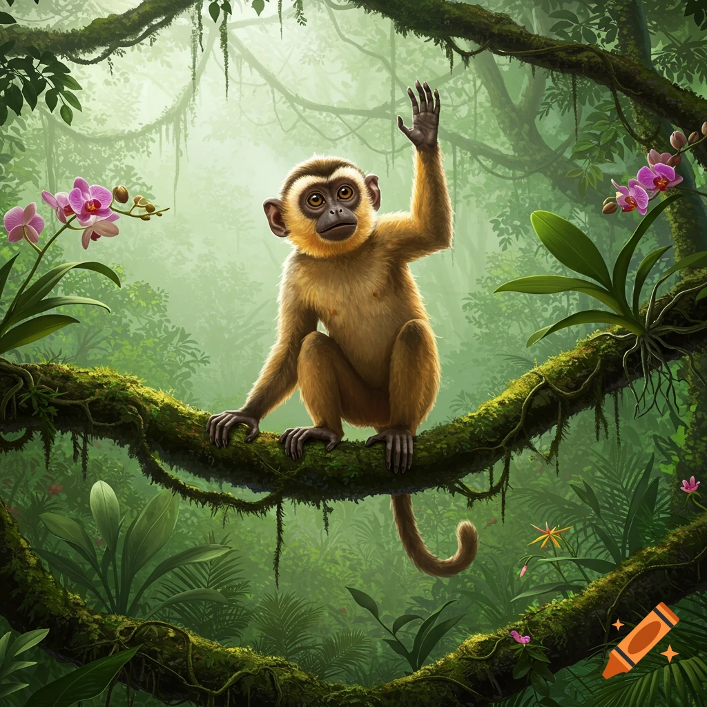A cute monkey with brown fur sits on a mossy branch in a lush jungle, waving its hand.
