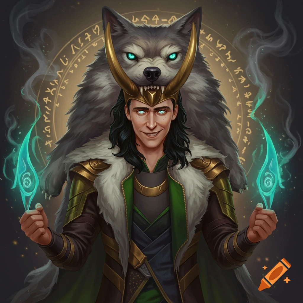 A semirealistic portrait of Loki with a sly expression, wearing a wolf pelt headdress with golden horns, holding glowing teal magic.