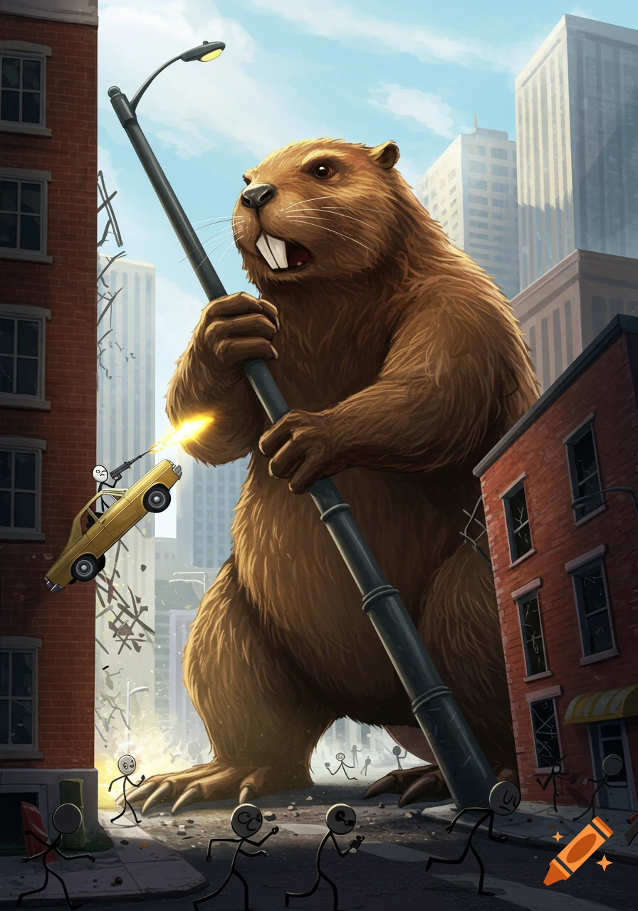 A giant brown beaverzilla holds a lamppost while destroying a city as tiny stick figures run away and one in a car shoots a beam.