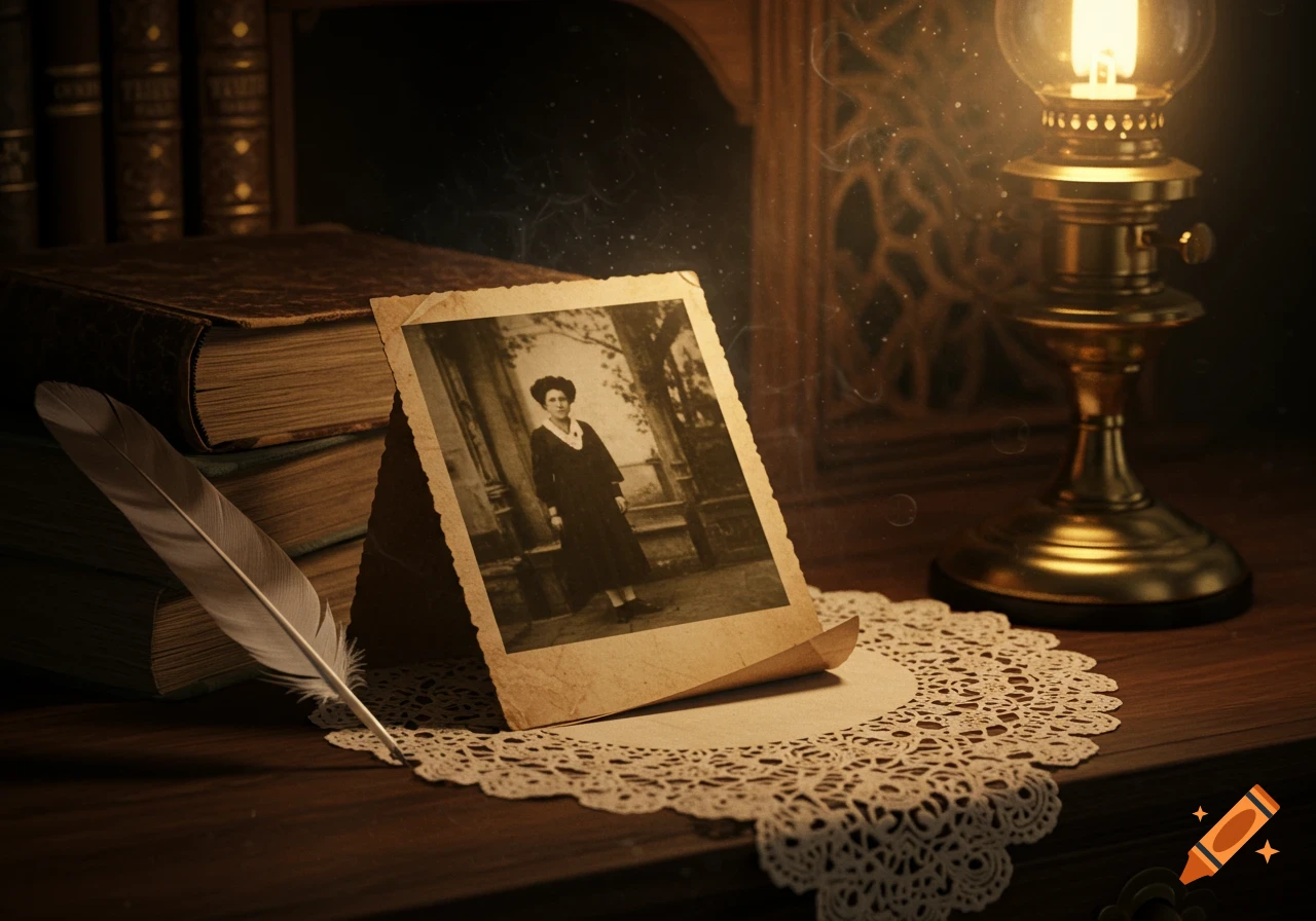 A vintage still life with an old black and white photograph of a woman, a feather quill, books, and an illuminated oil lamp on a wooden desk with a lace doily.
