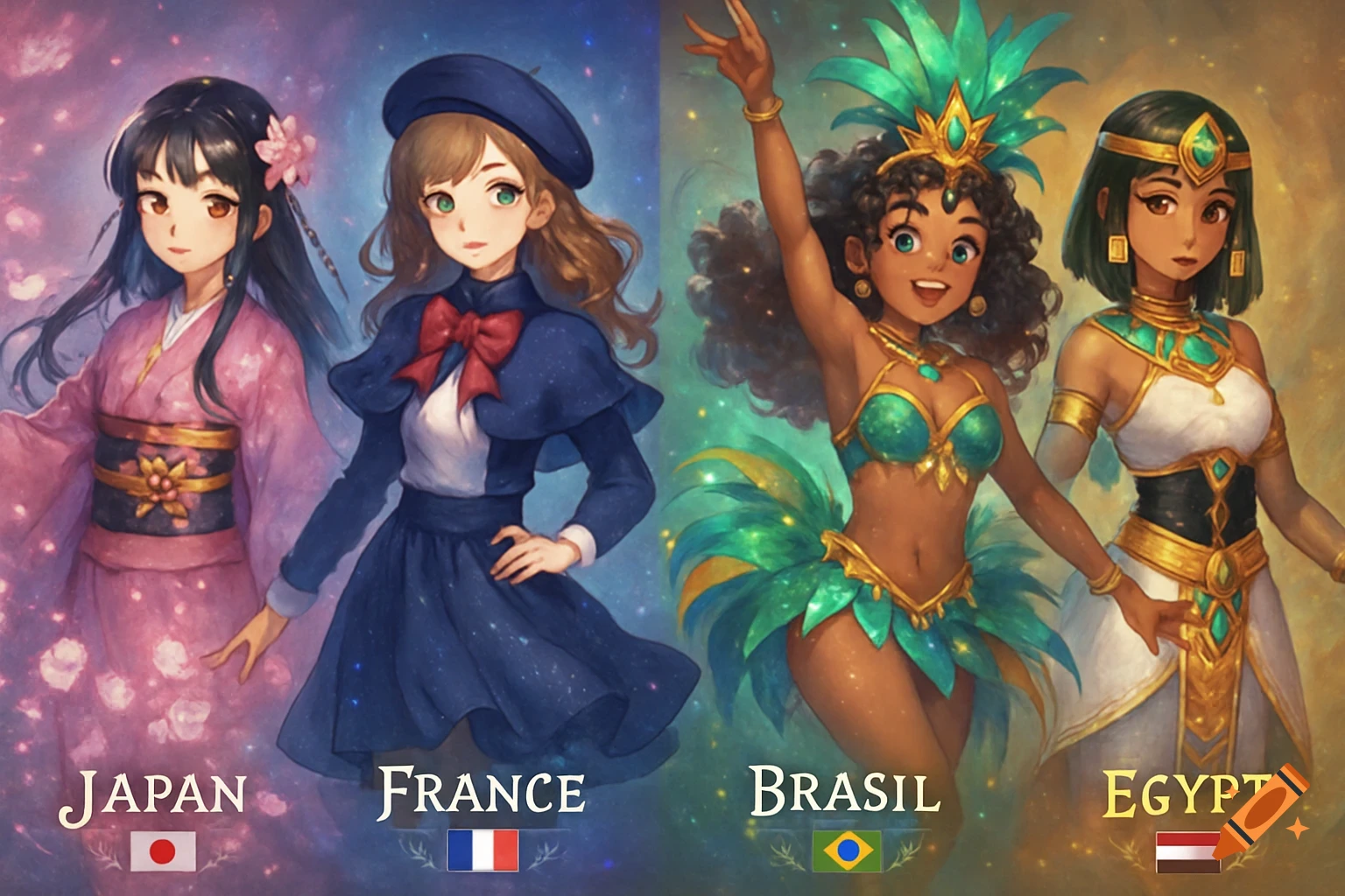 Four anime women in cultural attire representing Japan, France, Brazil, and Egypt, with country names and flags.
