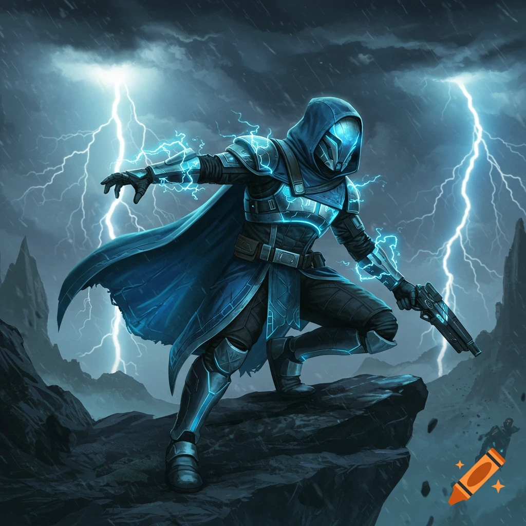 A hooded, armored figure with blue lightning energy stands on a rocky cliff during a stormy night.