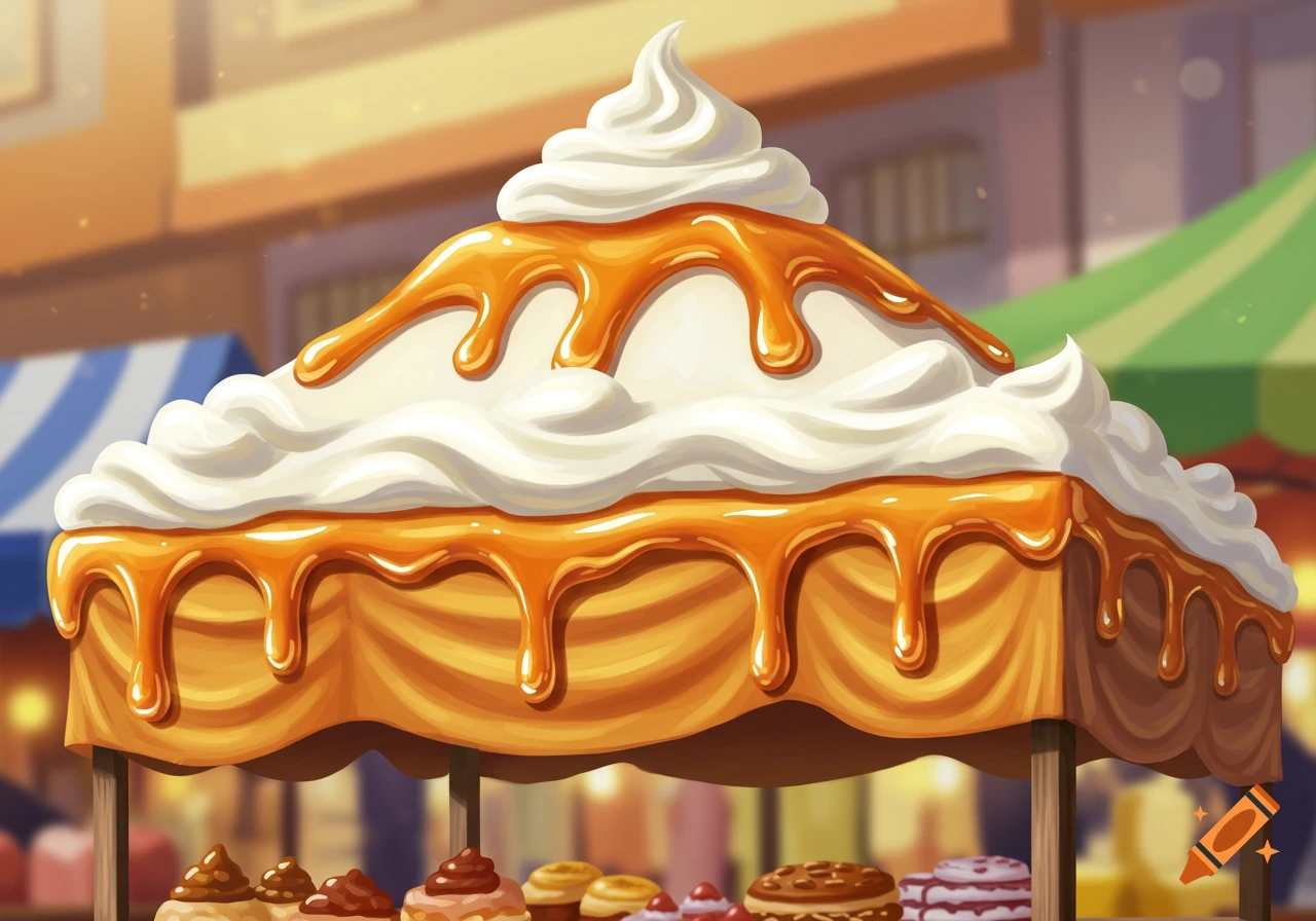 A vibrant illustration of a market stall topped with a huge pile of whipped cream and dripping caramel syrup, with other pastries displayed below.
