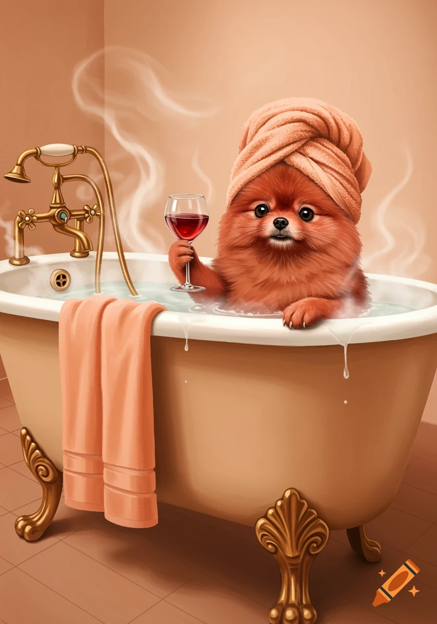 An adorable red Pomeranian dog in a peach towel turban relaxes in a vintage clawfoot bathtub, holding a glass of red wine, in a cozy illustration.