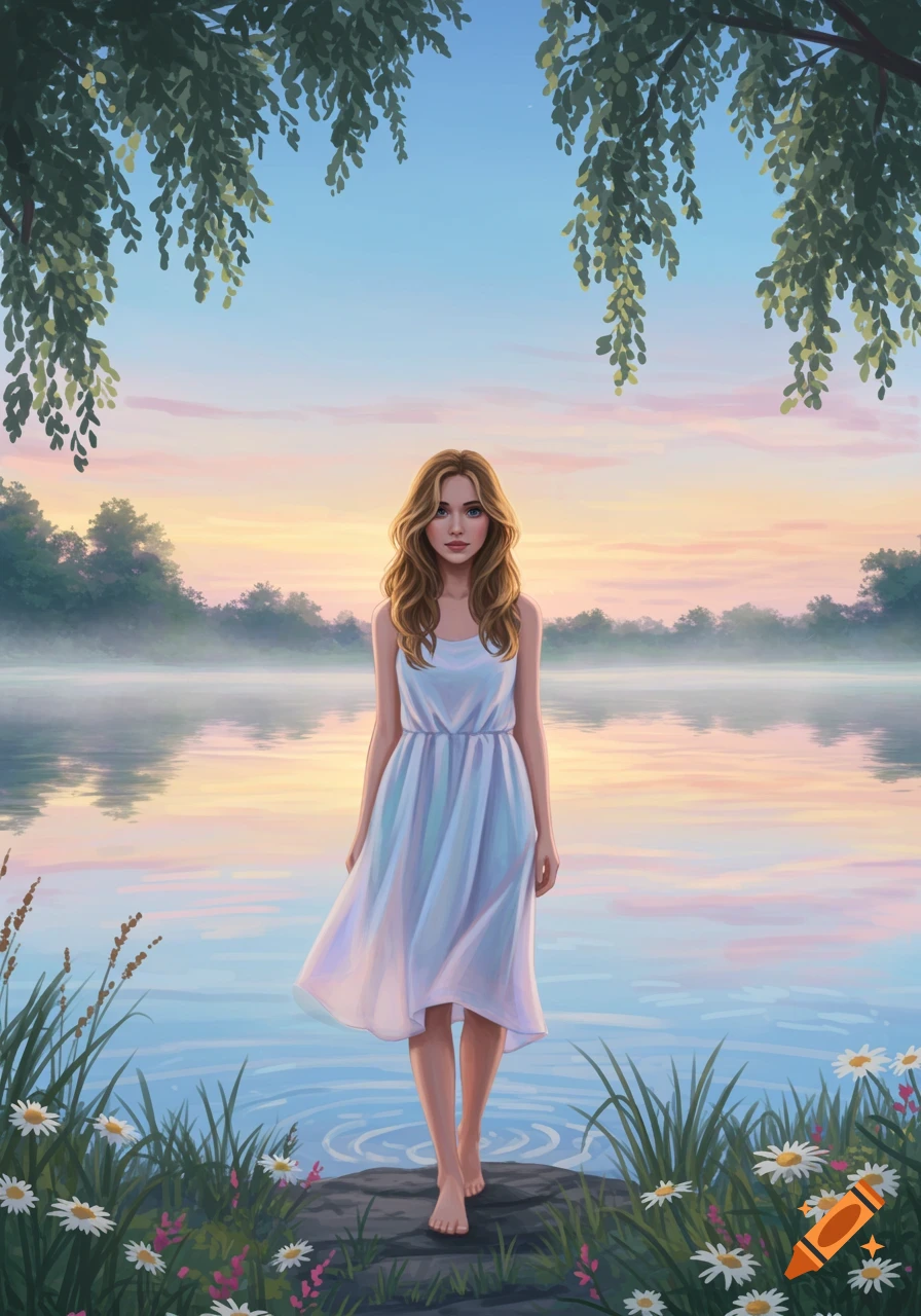 An illustration of a young woman in a white dress standing barefoot by a lake with flowers at sunrise.