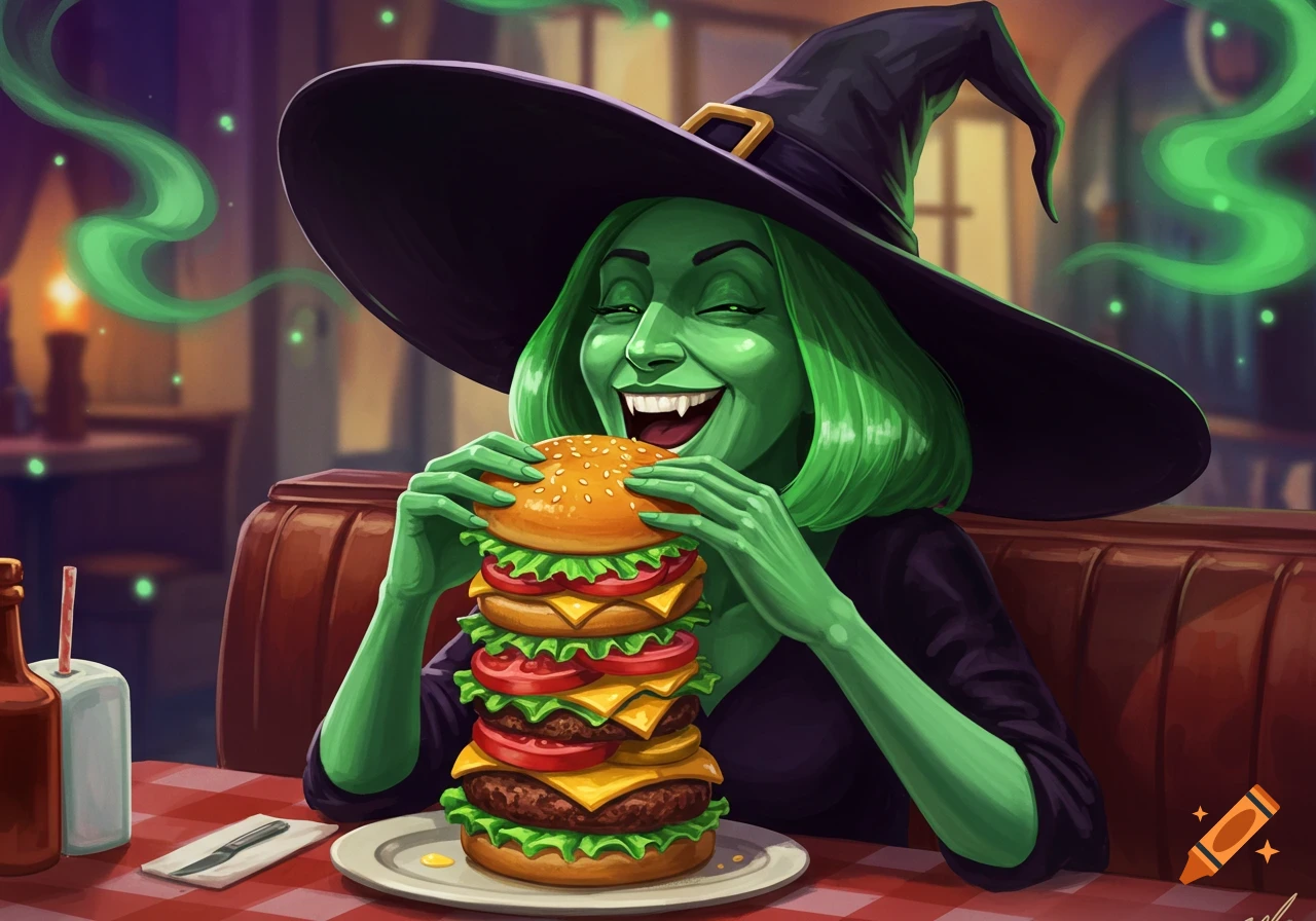 A green-skinned witch with a black hat and bright green hair smiles with fangs, about to eat a tall burger in a diner. Green smoke rises around her.