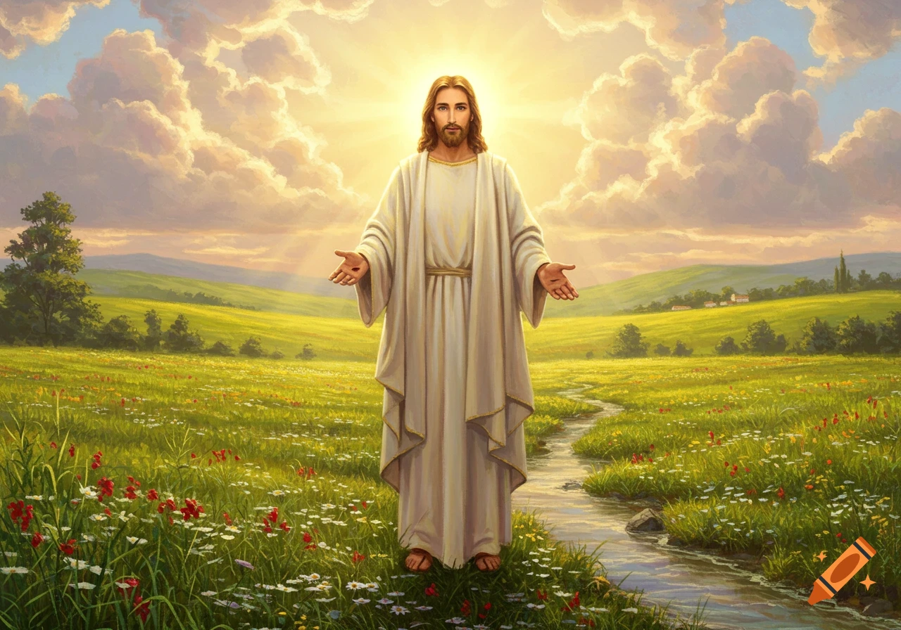 Jesus Christ stands in a vibrant green meadow with wildflowers, a stream, and rolling hills under a bright, cloudy sky with sun rays.